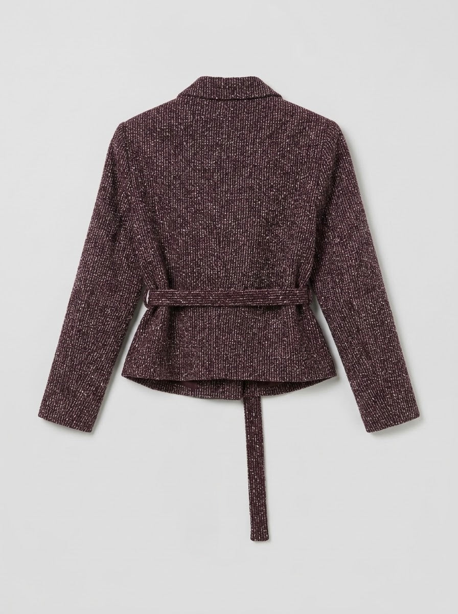 Marissa Bordeaux bouclé style jacket showing sequin fleck texture