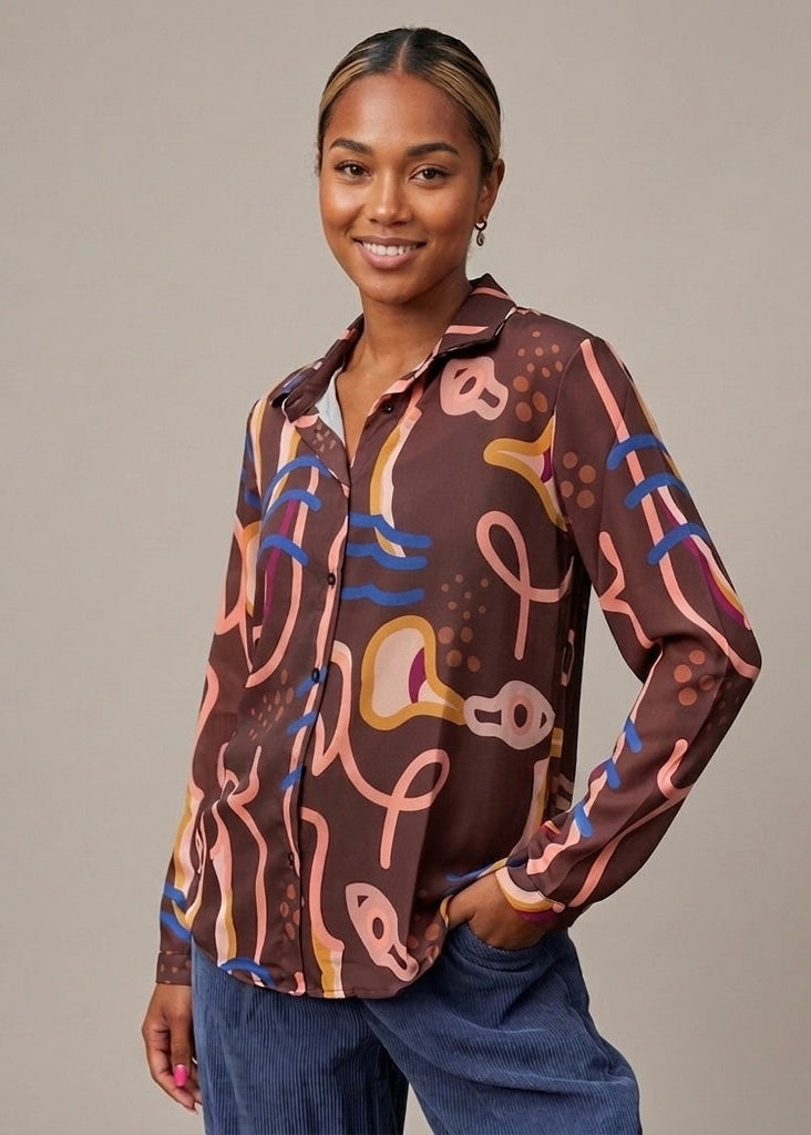 Riella brown printed button through long sleeve shirt