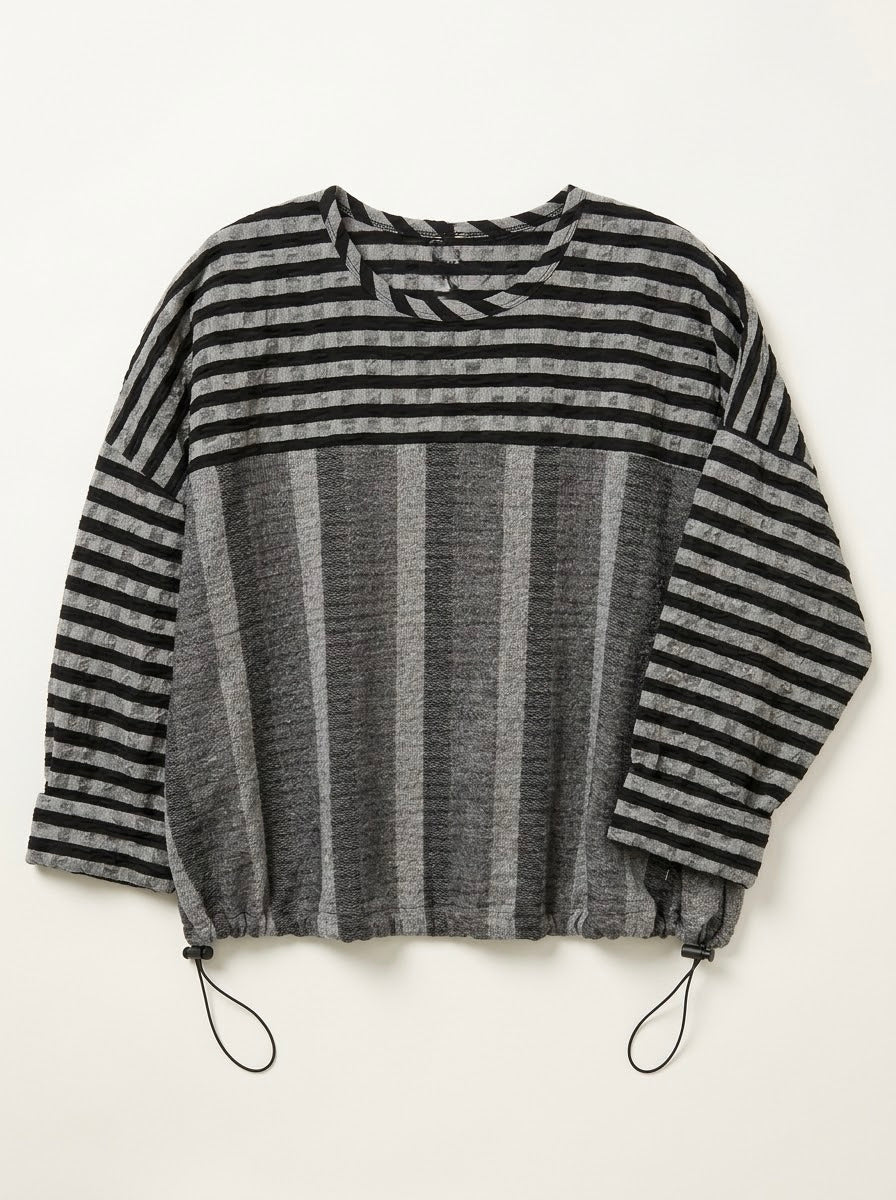 Elisa grey varied-stripe T-shirt with drawstring hem, front product view