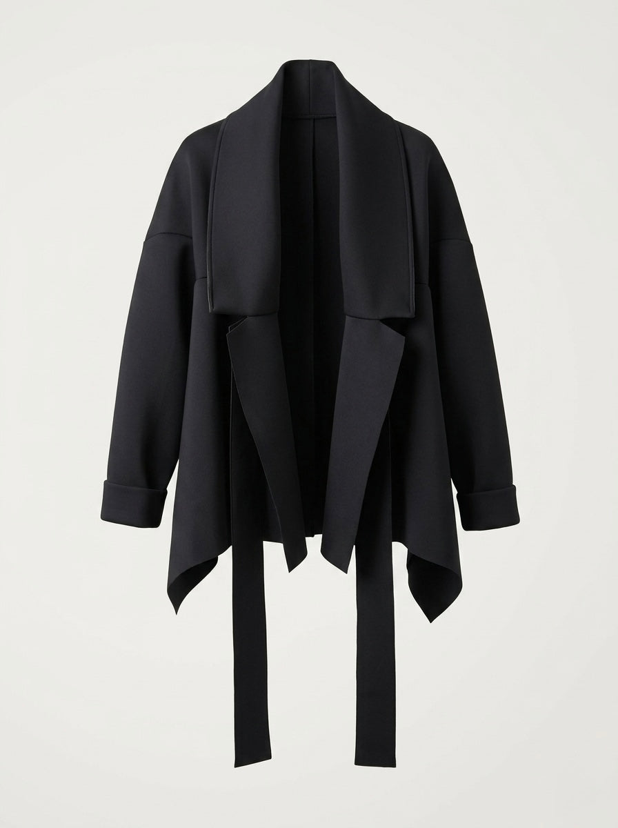 Izobel black scuba jacket with broad lapels and long wrap ties, product view