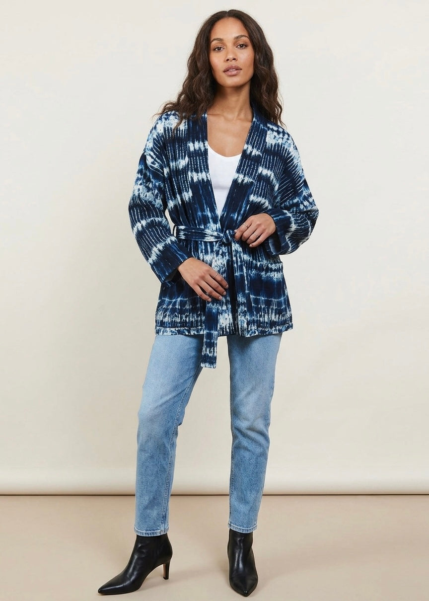 Land tie dye belted French jersey blue kimono