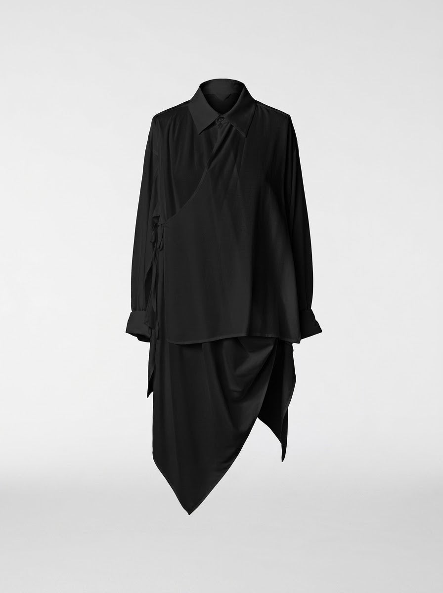 Black Gillian wrap front shirt with asymmetric tailcoat hem, front product view