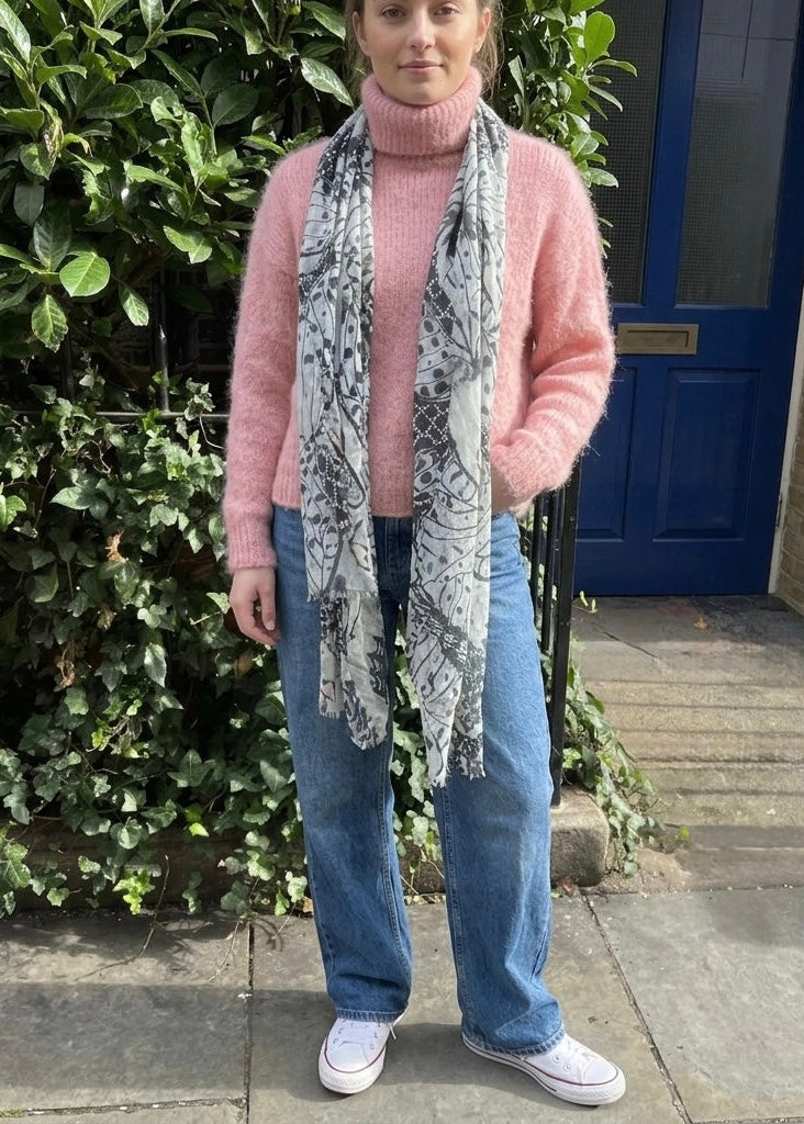 Butterfly grey and pink print long scarf