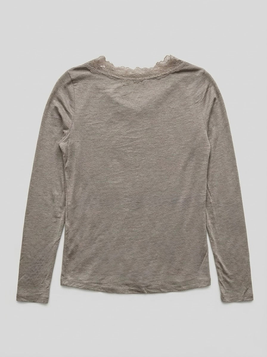 Mollie taupe lace-trimmed top shown from the side