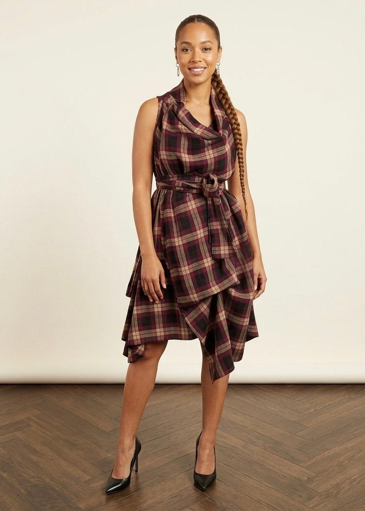 Bethany plum soft tartan draped wrap dress