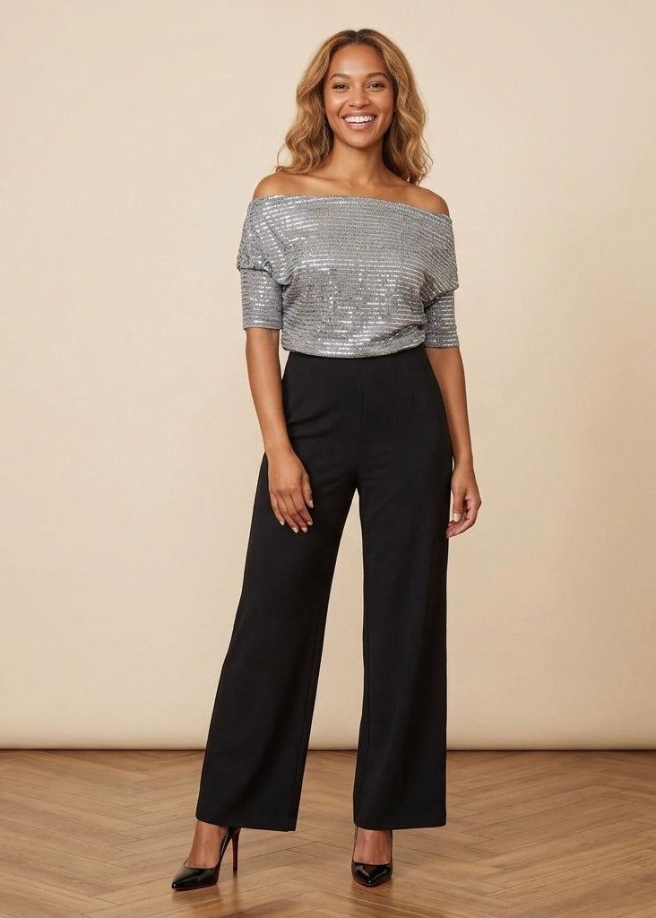 Lima silver sequin and crepe wide leg Jumpsuit