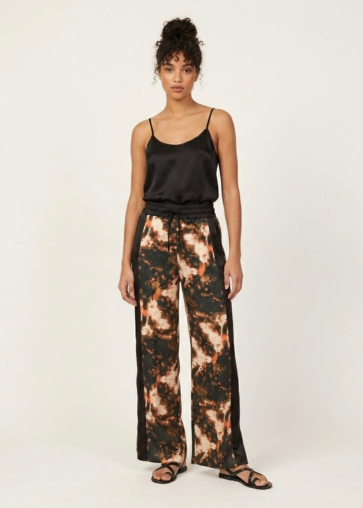 Anala tan printed satin relaxed fit trouser