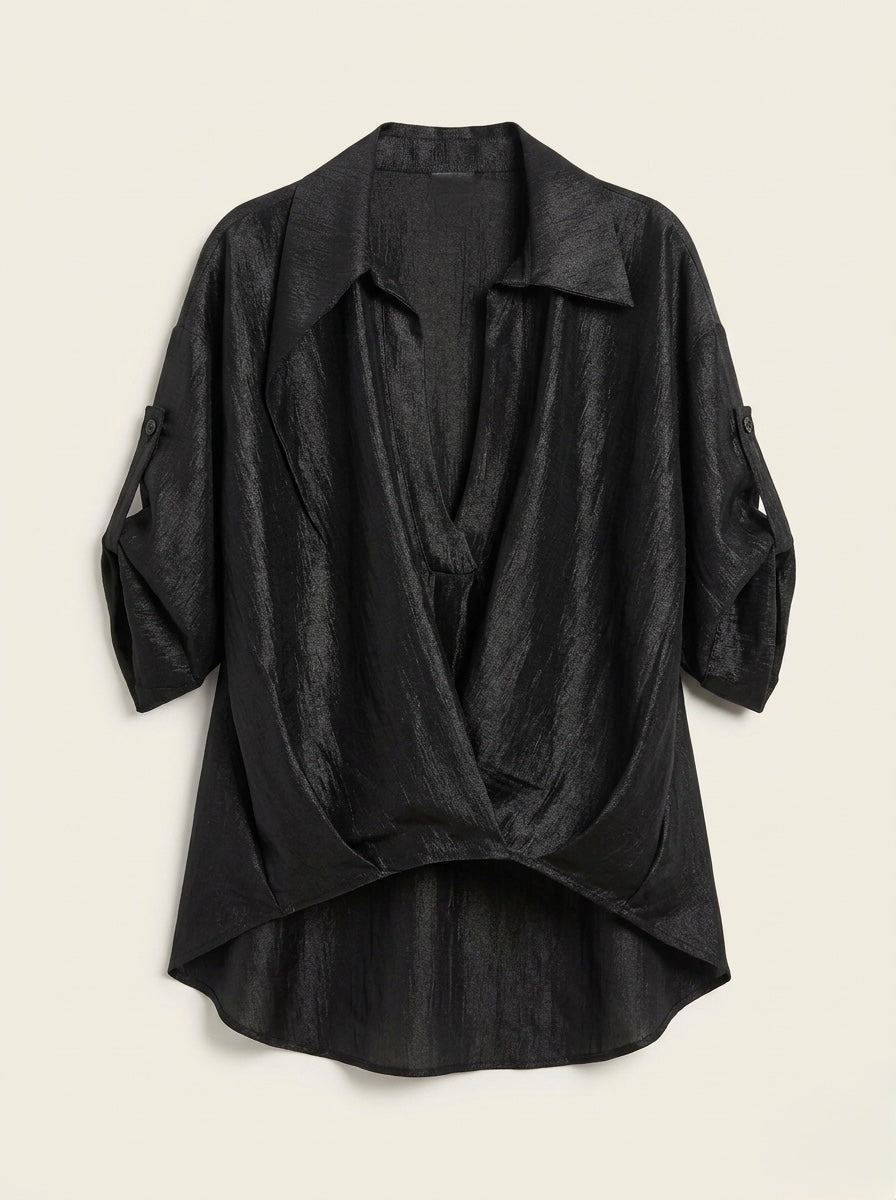 Black Lavender shimmer shirt, front flat lay showing dipped hem