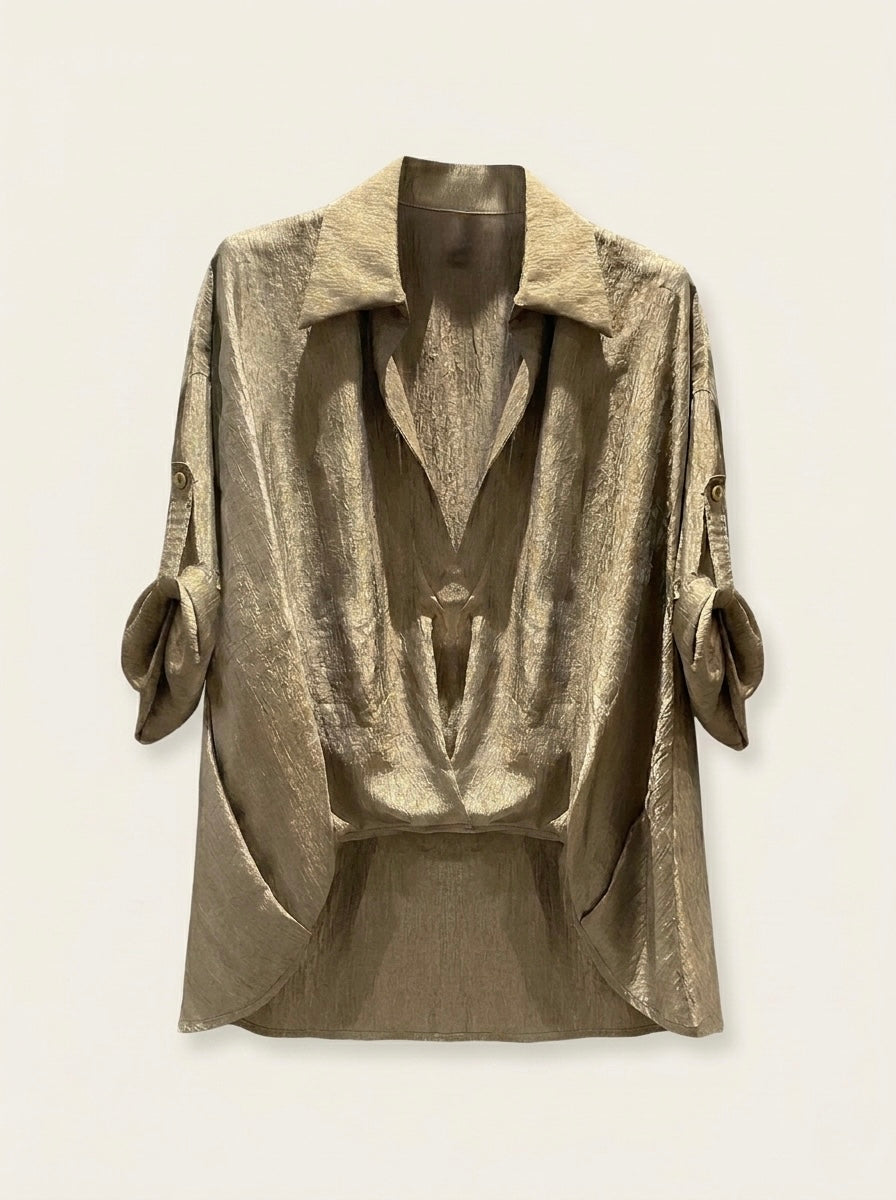 Gold Lavender shimmer shirt, front flat lay