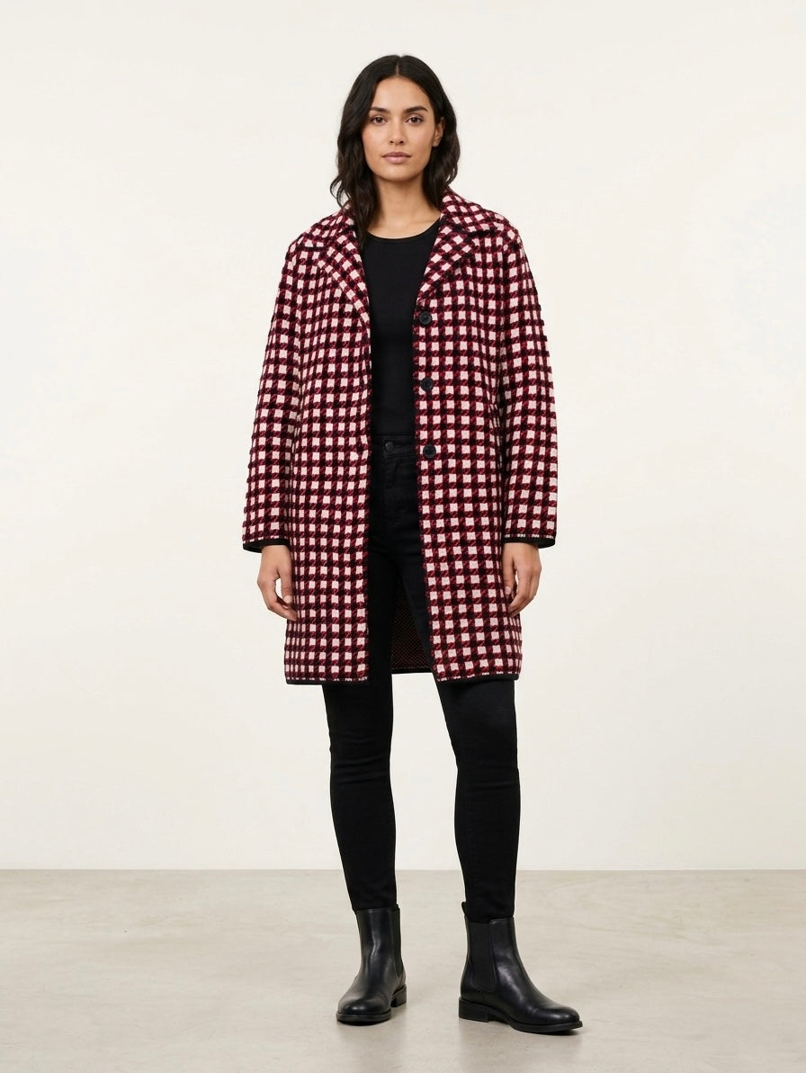 Libby red check midi length knitted coatigan