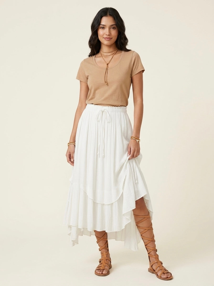 Nellie soft white cheesecloth fabric layered midi length skirt