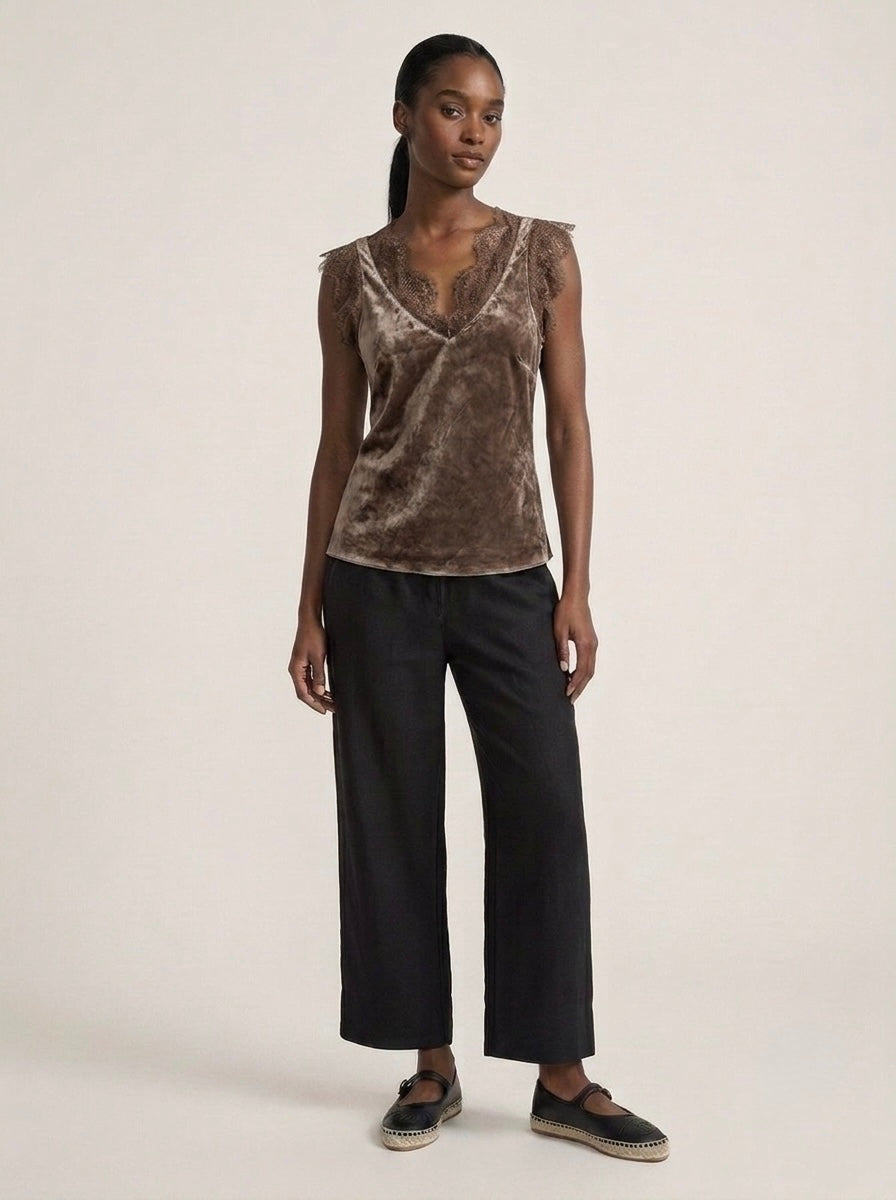 Chocolate Lacey satin viscose cami top, lace detail view, with lace-trimmed V-neckline and arm openings