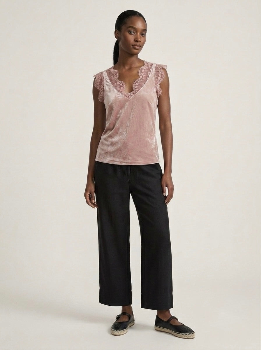 Dusky Pink Lacey satin viscose cami top, alternate styled view, with lace-trimmed V-neckline and arm openings