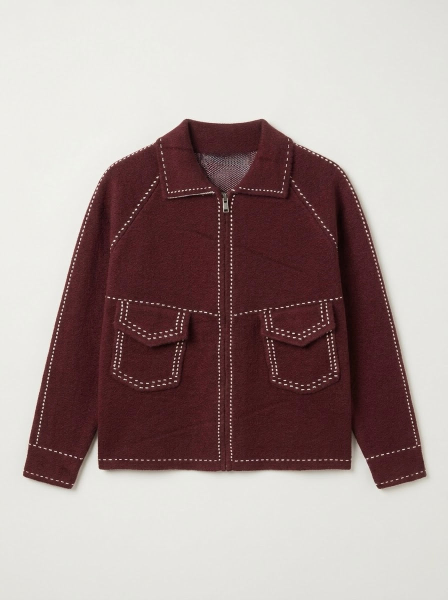 Sara saddle stitch knitted jacket in burgundy, front flat lay
