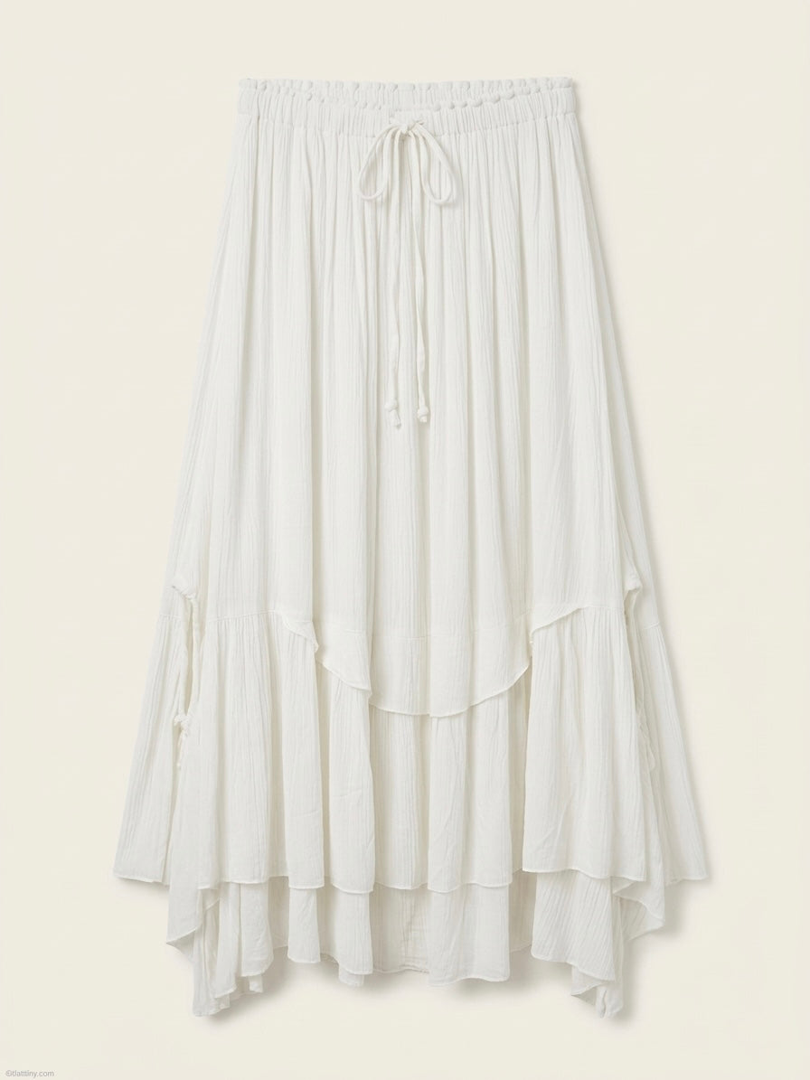 Nellie soft white cheesecloth fabric layered midi length skirt