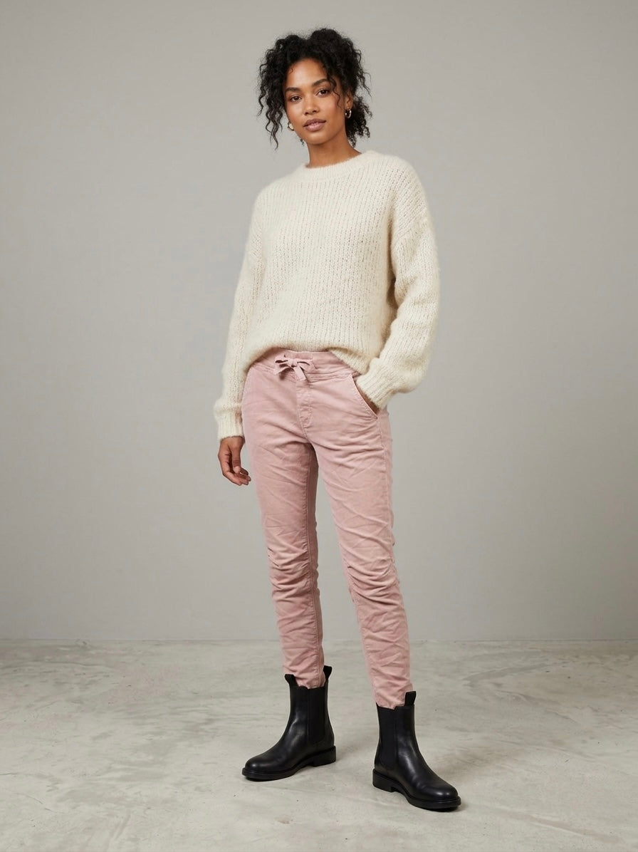 Missie stretch cotton pink jogger ruched knee jean
