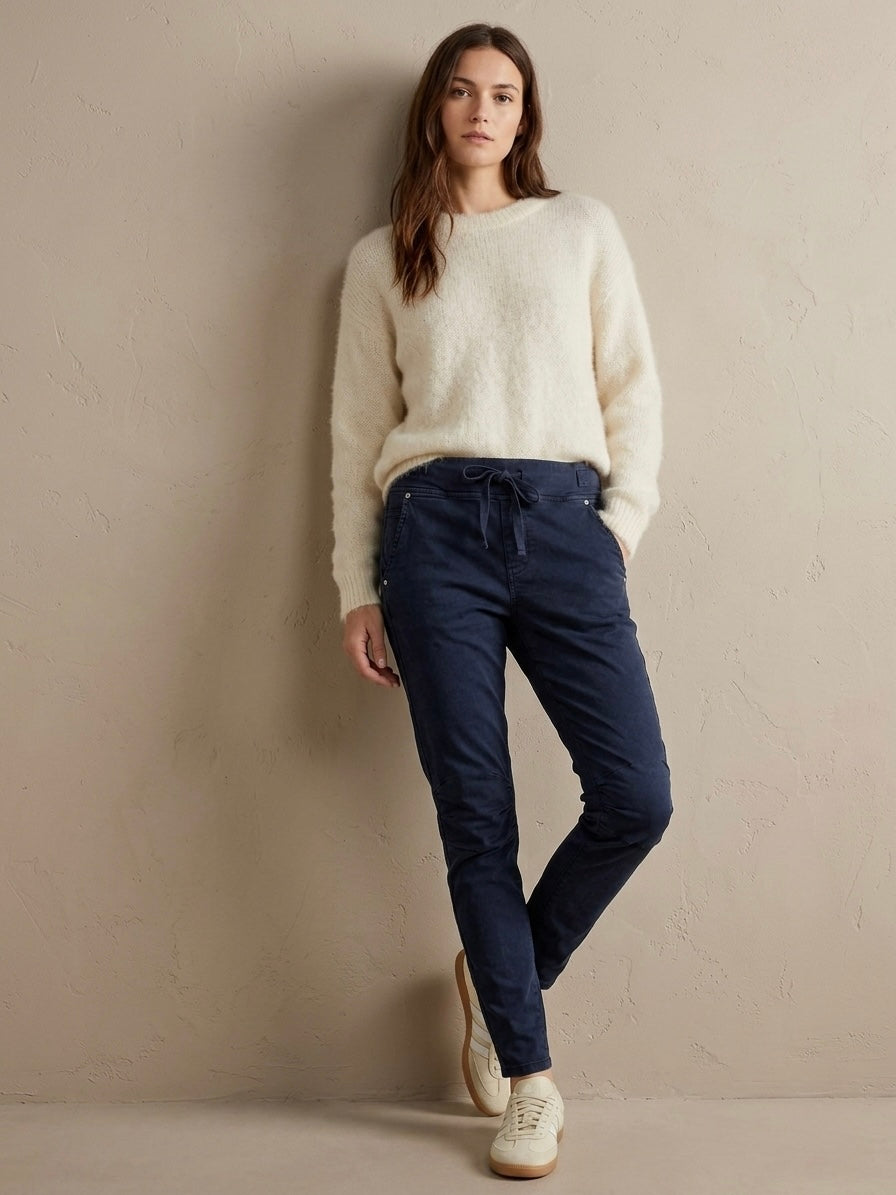 Missie stretch cotton navy jogger ruched knee jean