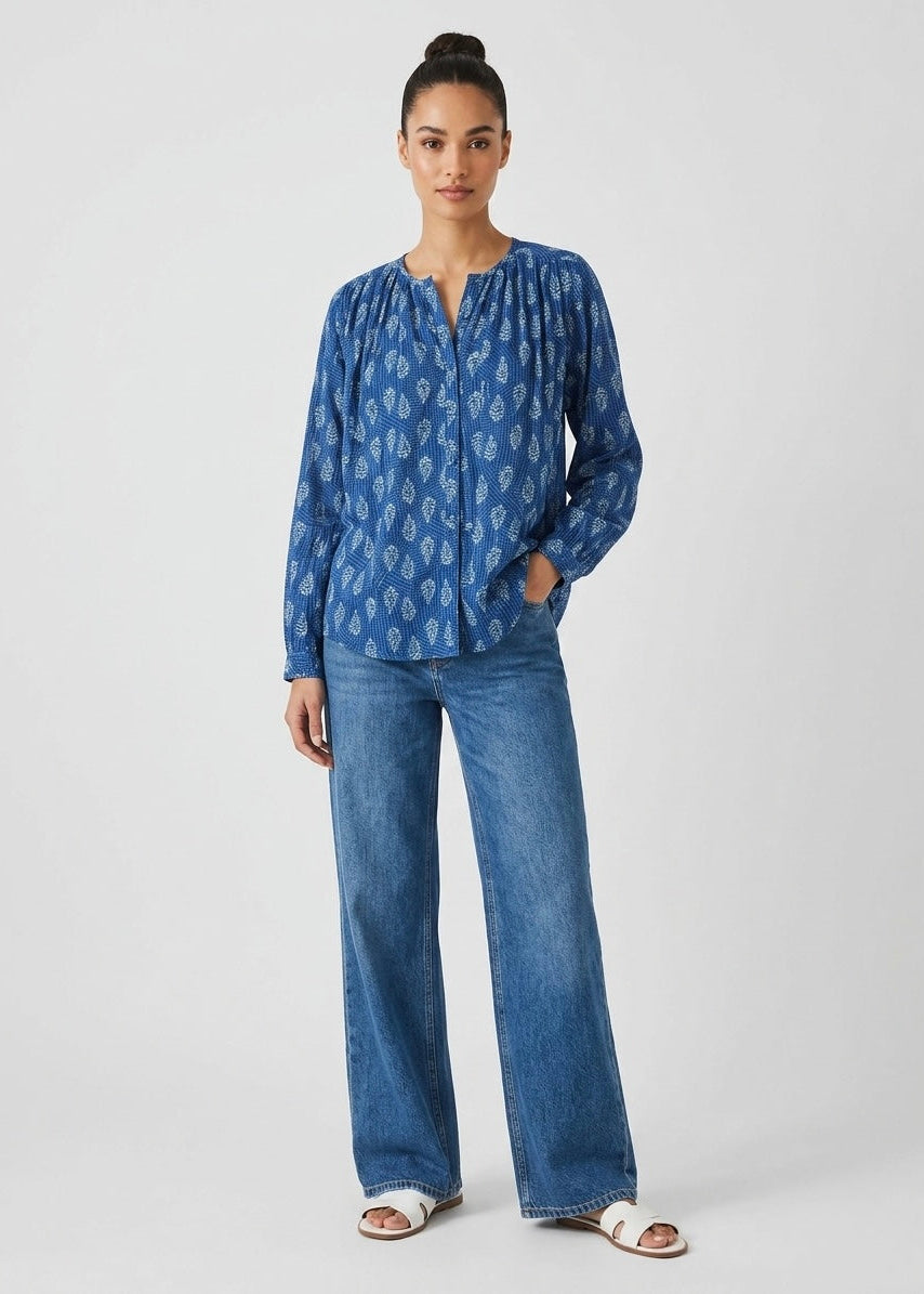Monica denim colour pure cotton batik print top