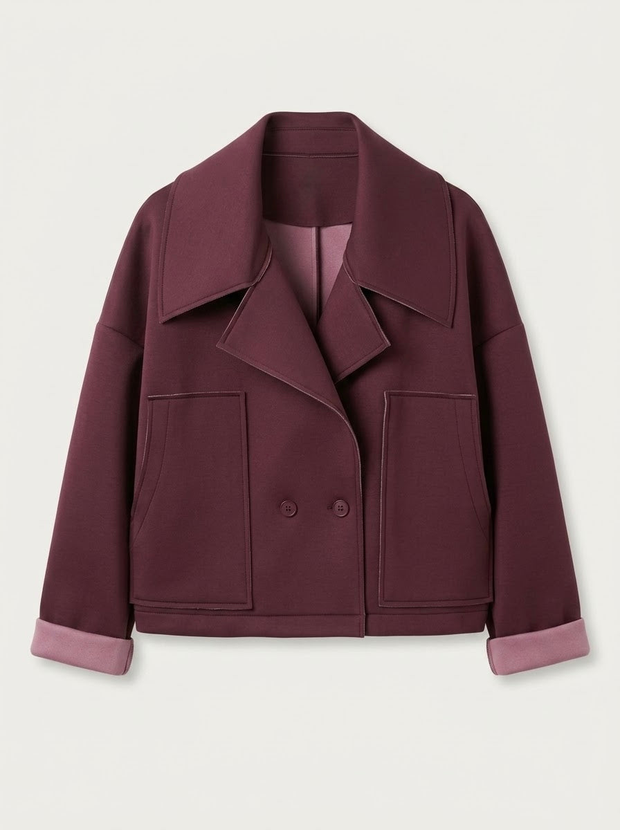 Burgundy Bronte double-breasted scuba jacket, front flat lay