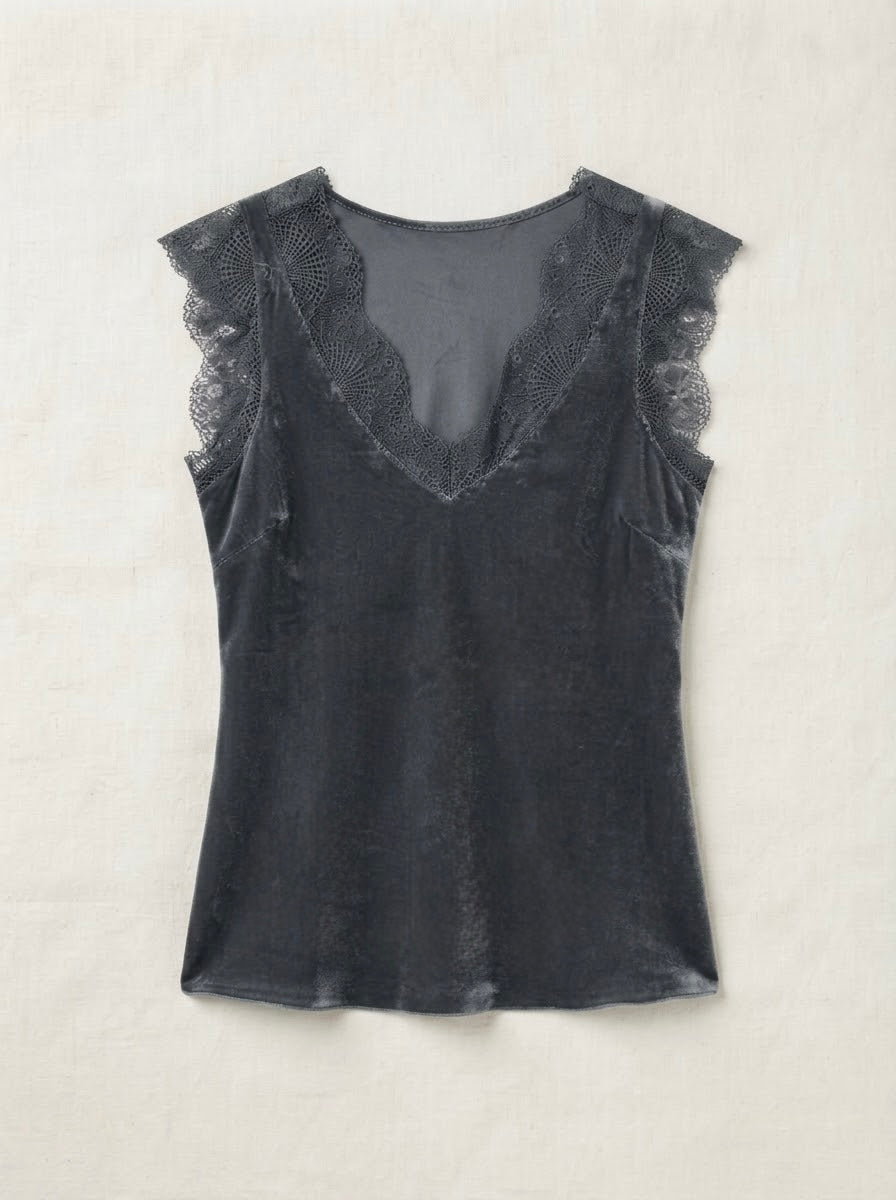Charcoal Lacey satin viscose cami top, product view, with lace-trimmed V-neckline and arm openings