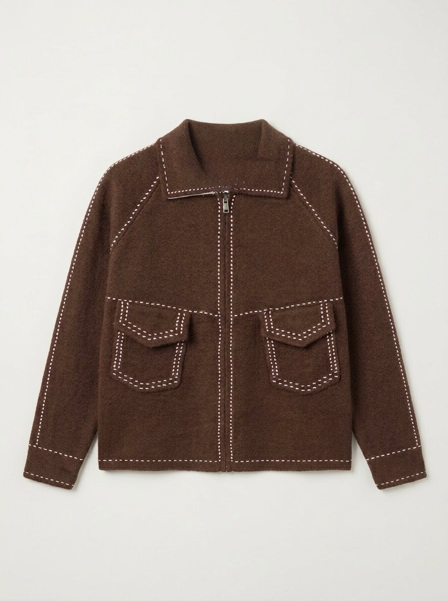 Sara saddle stitch knitted jacket in chocolate, front flat lay