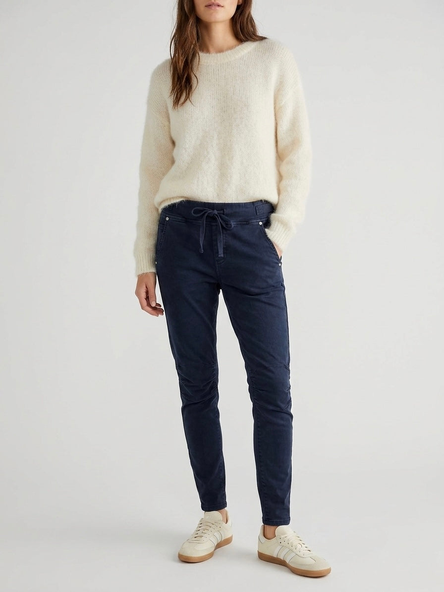 Missie stretch cotton navy jogger ruched knee jean