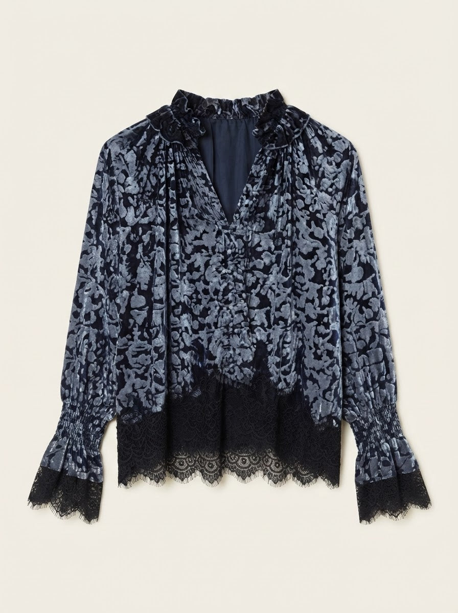 Cara devoré lace blouse in grey and black, front product view