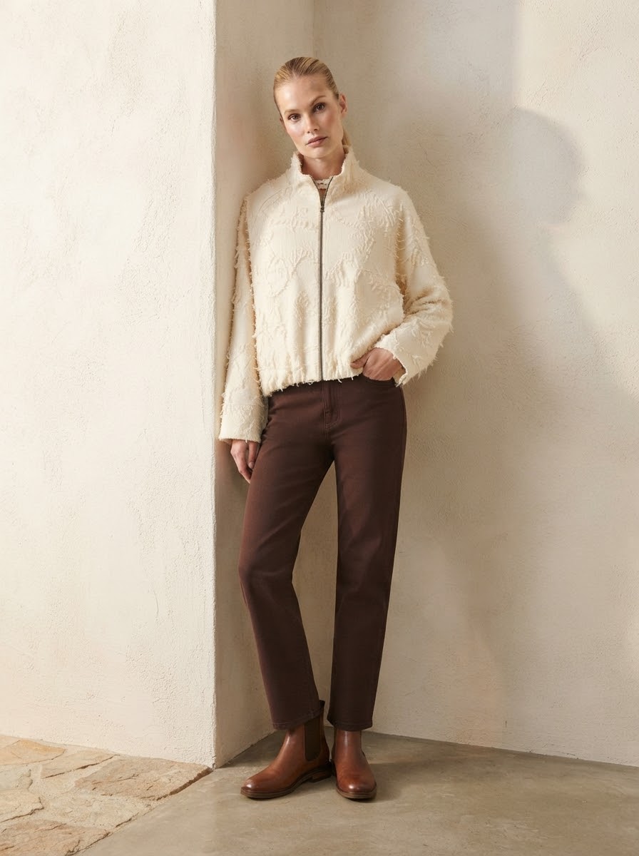 Model wearing Sharleen frayed embossed jacket in cream with chocolate jeans