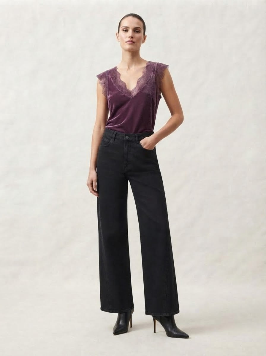 Plum Lacey satin viscose cami top, lace detail view, with lace-trimmed V-neckline and arm openings