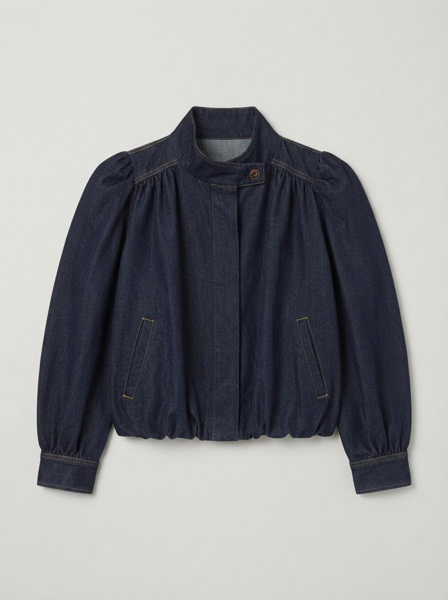 Harper denim balloon jacket in denim blue, front product view
