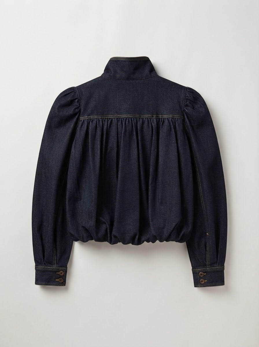 Harper denim balloon jacket in denim blue, back product view