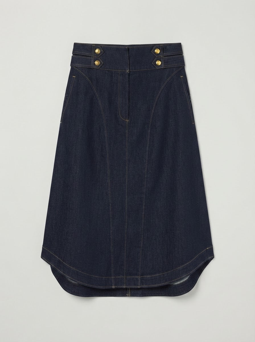 Harper denim flared skirt in denim blue, front product view
