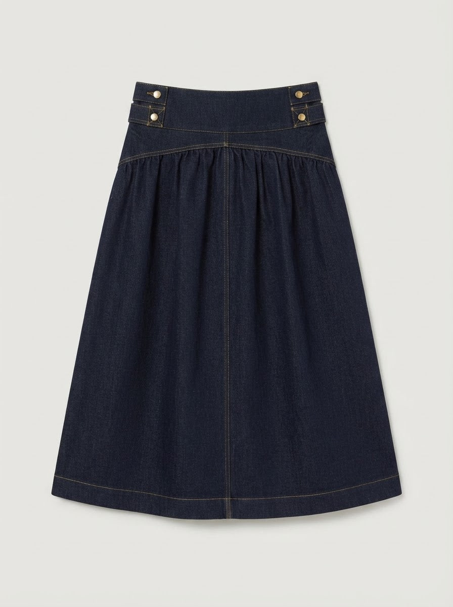 Harper denim flared skirt in denim blue, back product view