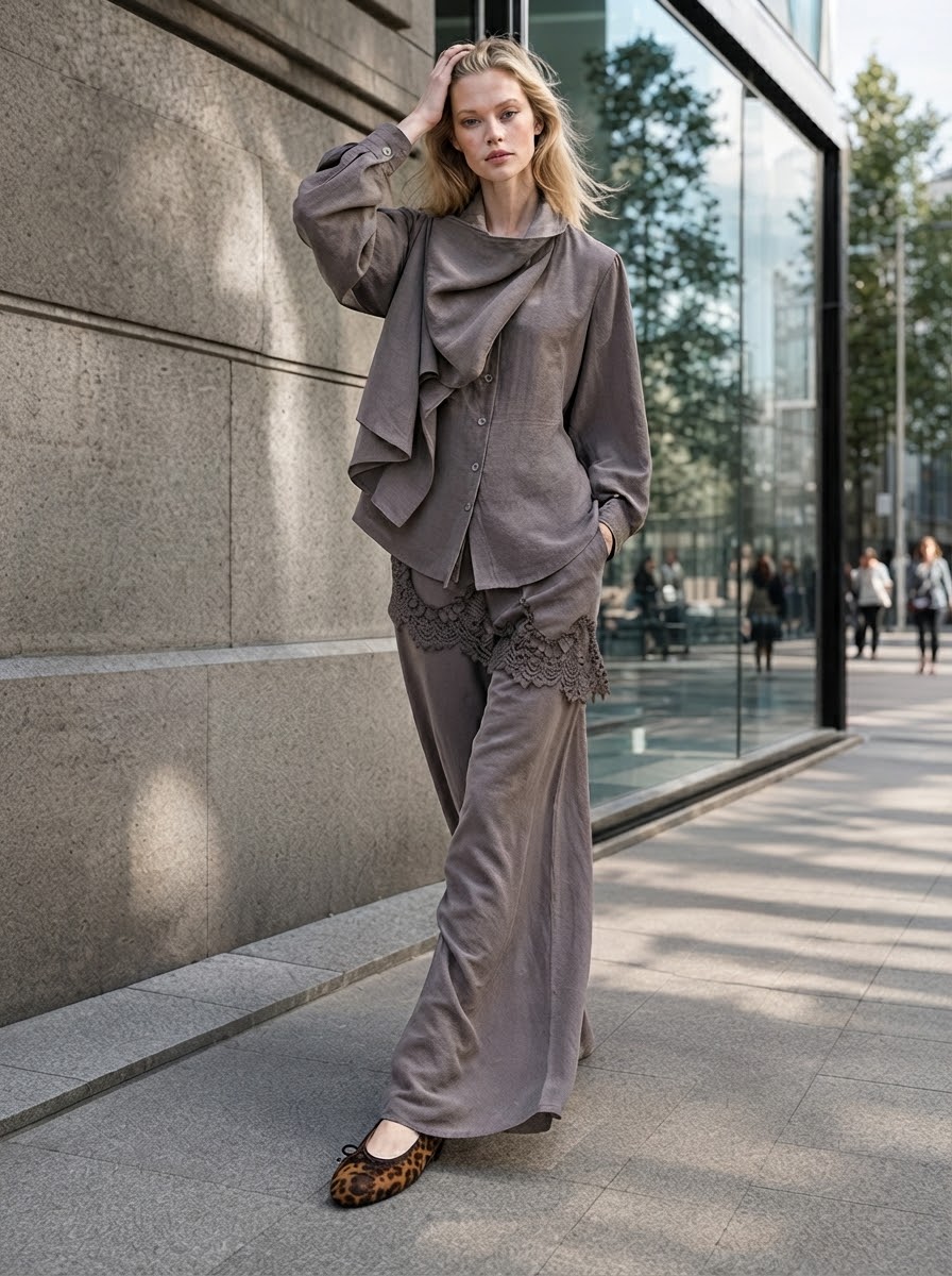 Model wearing taupe Darla scarf collar blouse outdoors