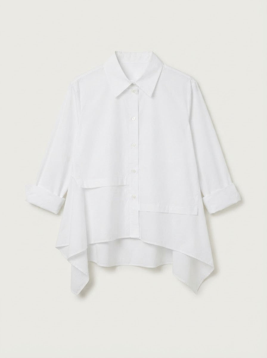 White Gaynor button-through cotton shirt, front flat lay showing draped sides
