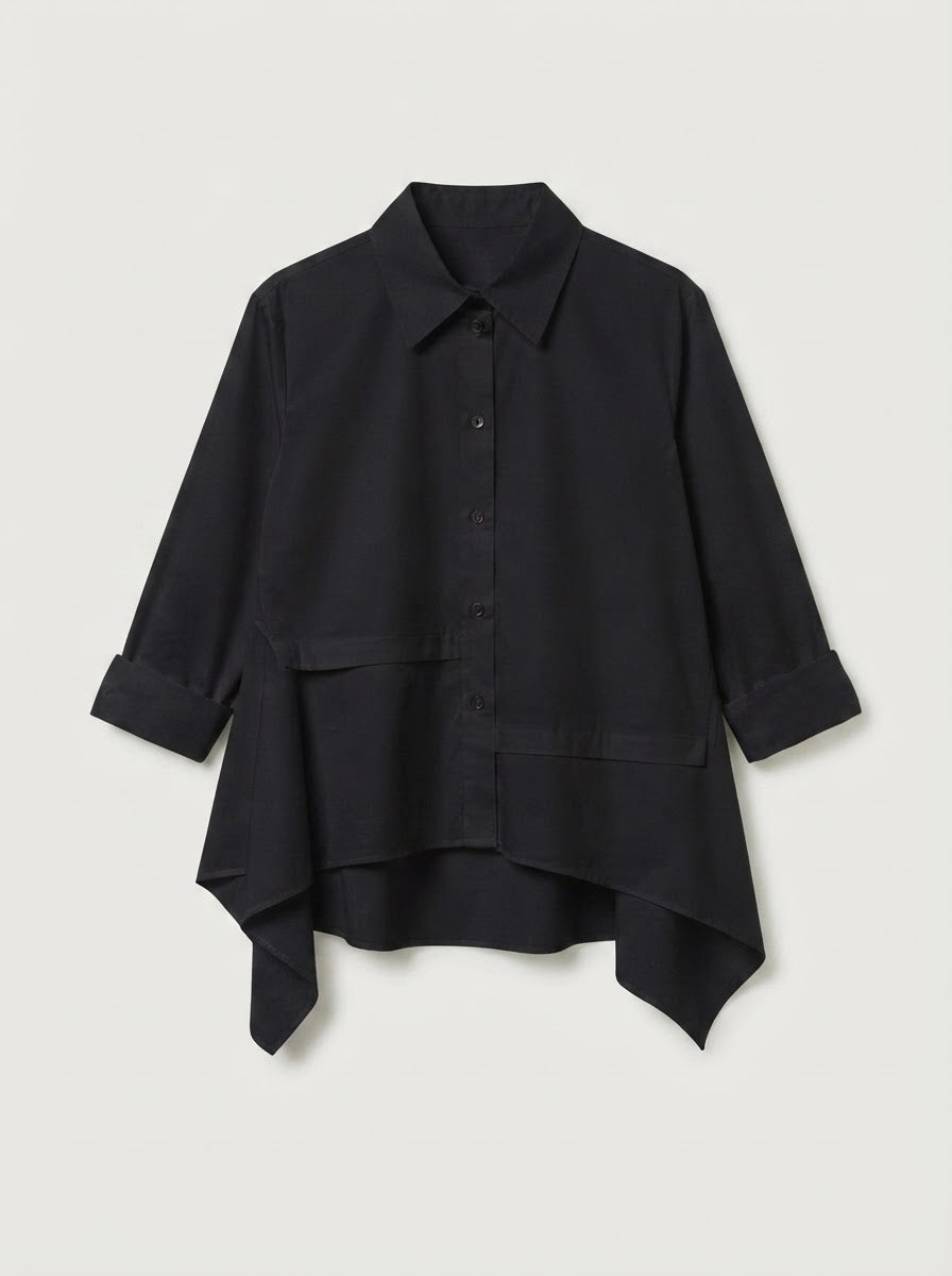 Black Gaynor button-through cotton shirt, front flat lay showing draped sides