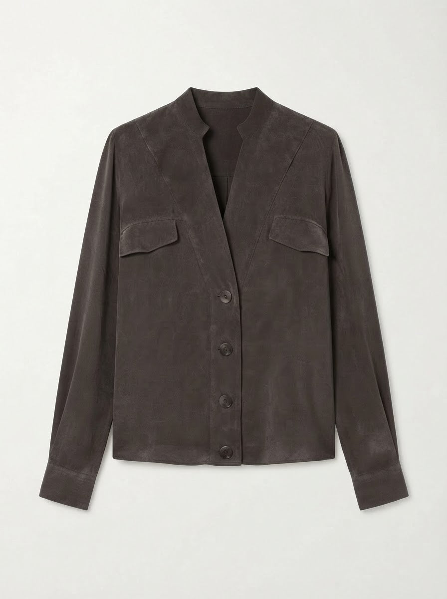 Rosie pocket flap blouse in chocolate, front product view