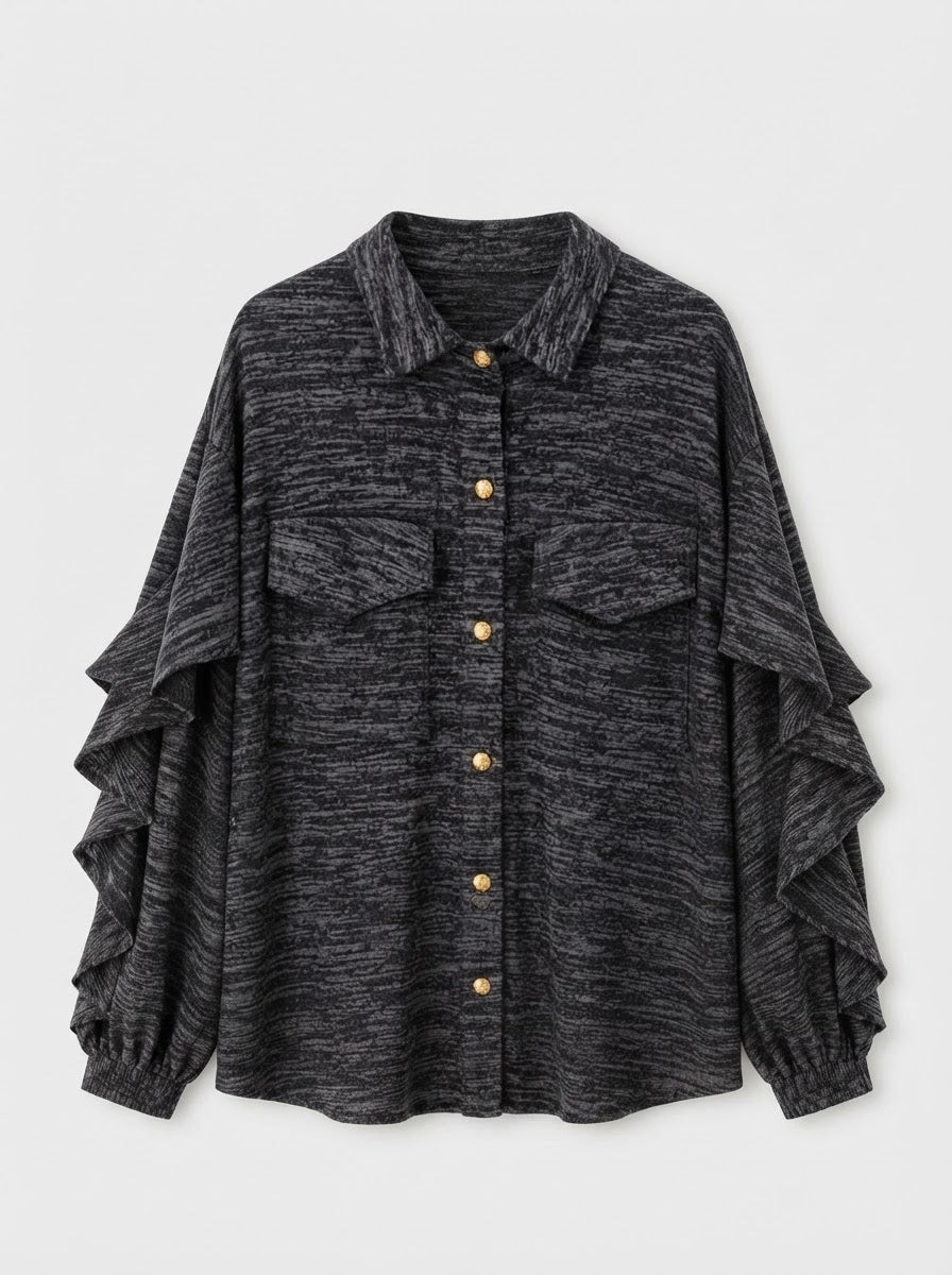 Grey Capelini marl jersey blouse with frill sleeves and statement pocket flaps