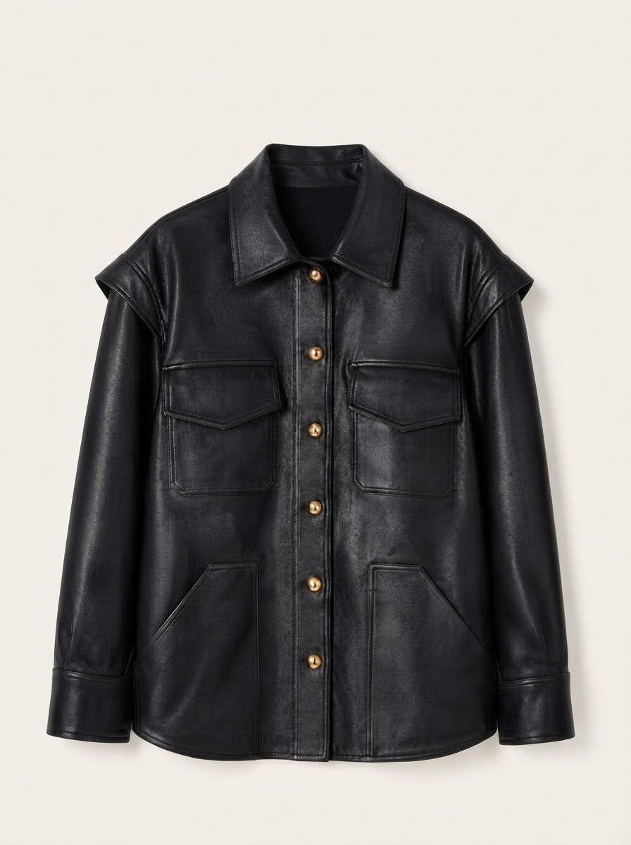 Chill black pleather shirt jacket with four pockets and gold-tone buttons