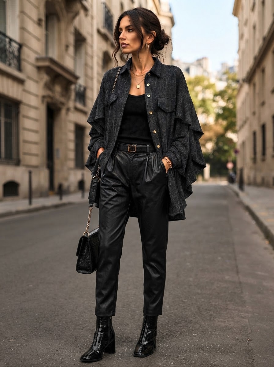 Capelini grey frill sleeve blouse styled open over black trousers