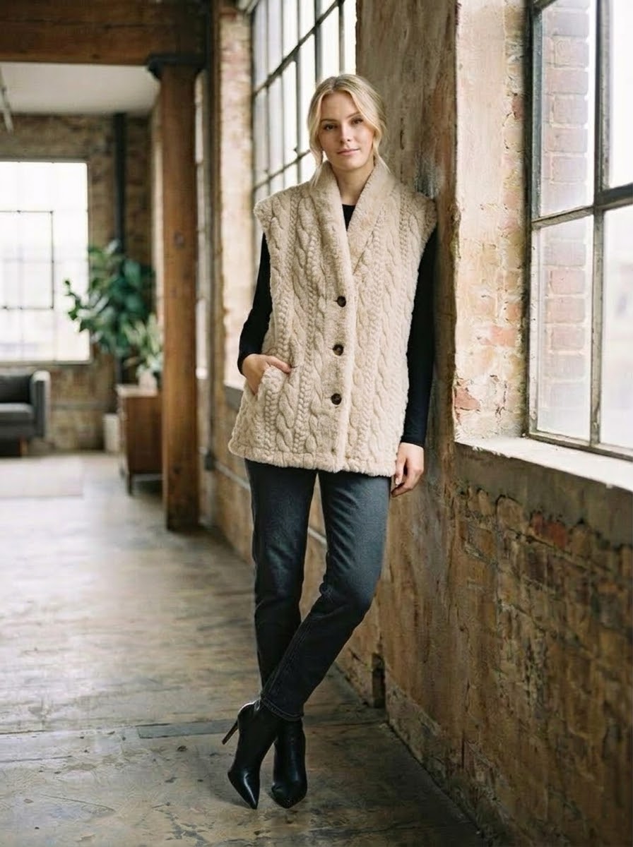 Gina beige button-front gilet with two pockets