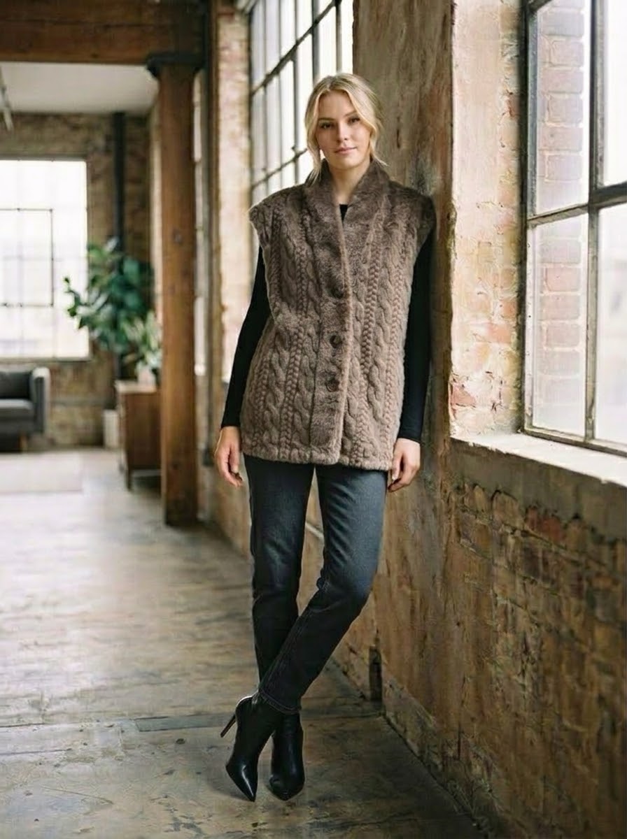 Gina taupe button-front gilet with two pockets