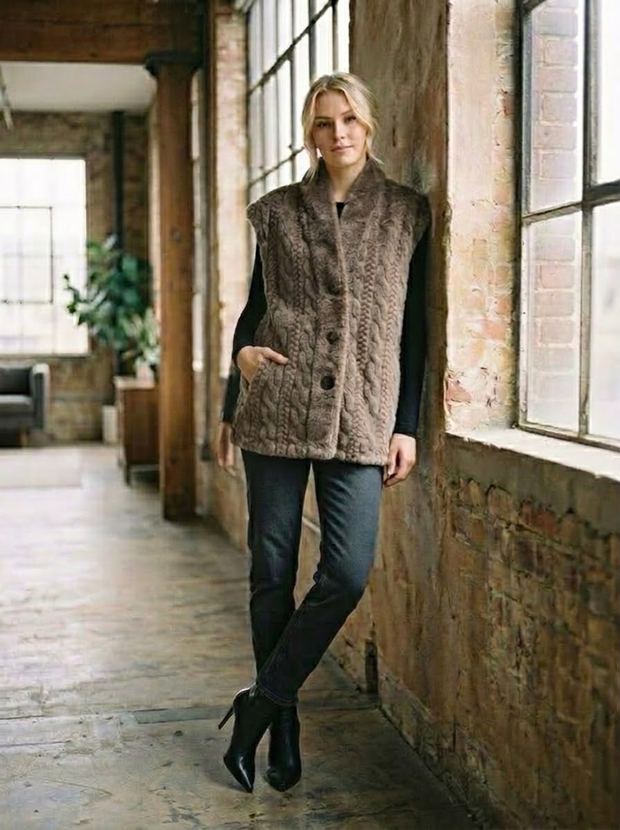 Gina taupe cable-textured gilet with V-neck