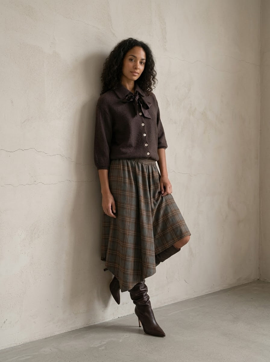 Lois grey asymmetric heritage-check skirt worn on model