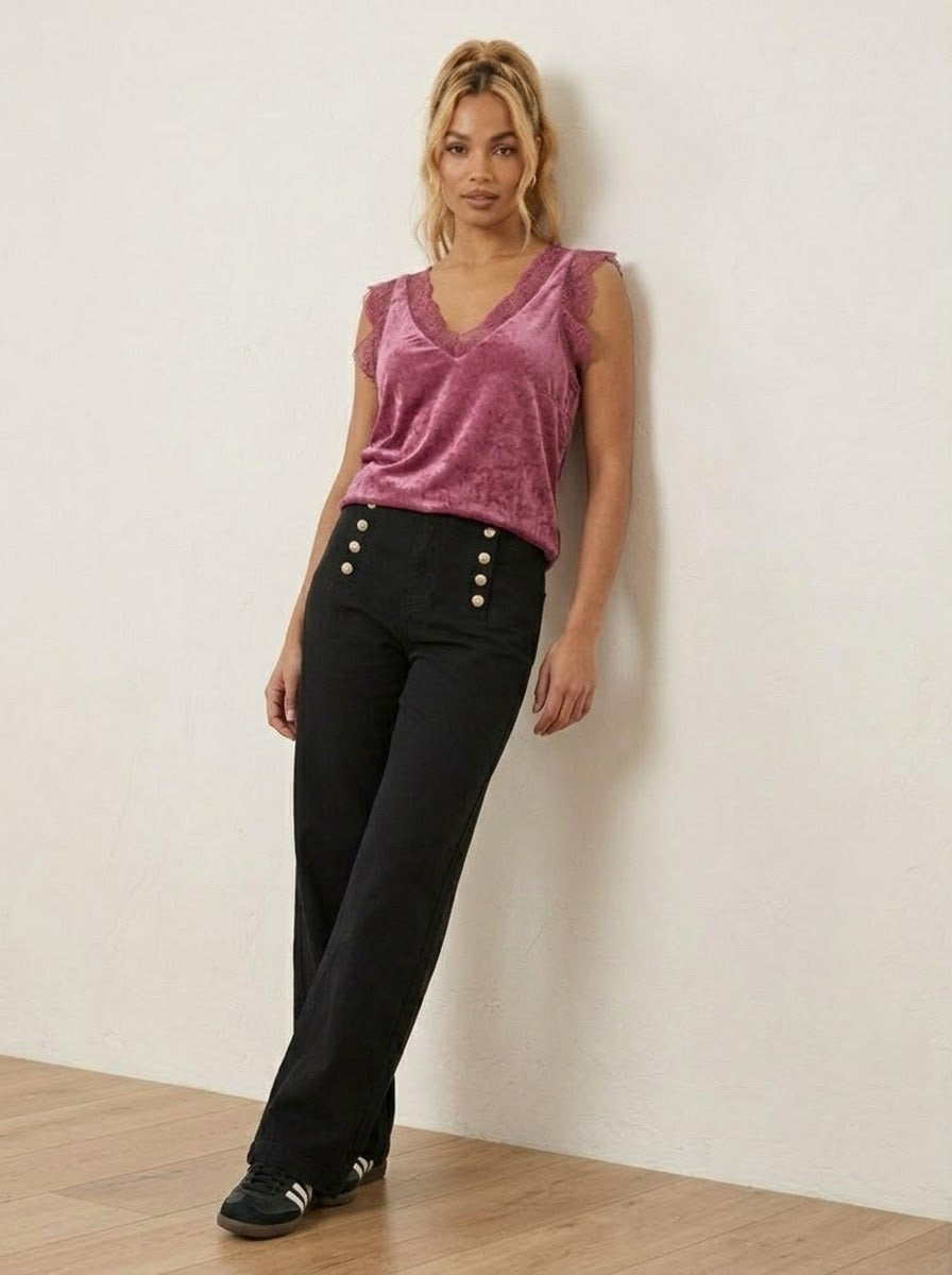 Bordeaux Lacey satin viscose cami top, product view, with lace-trimmed V-neckline and arm openings