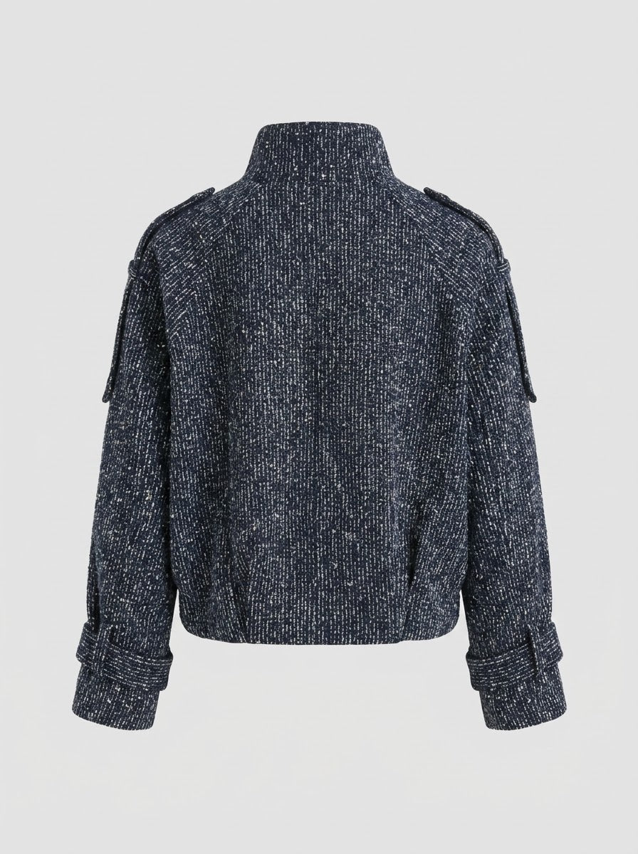 Navy Marissa bomber jacket showing double-breasted buttons and high collar
