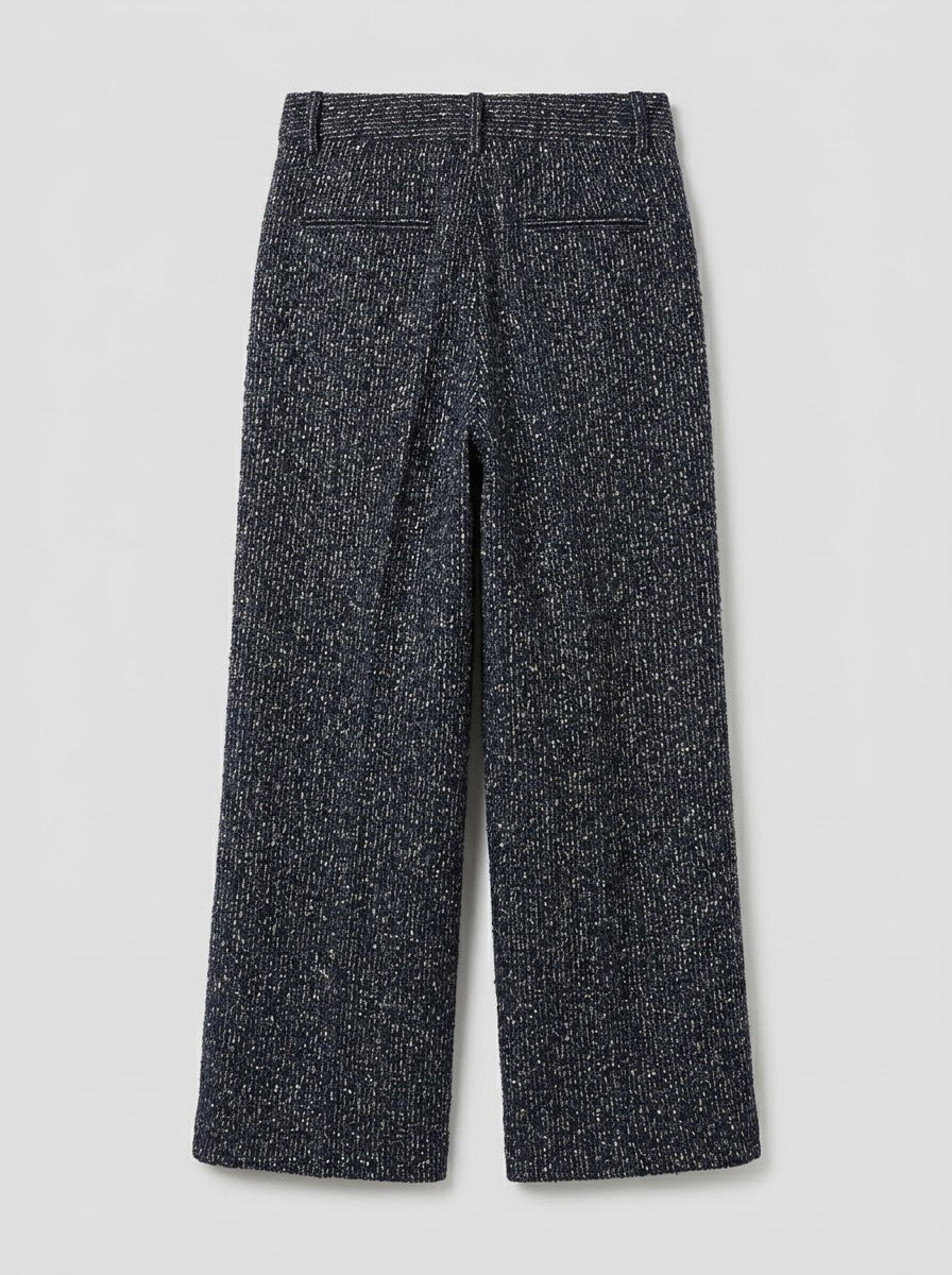 Navy Marissa trousers showing pleated front and wide-leg shape