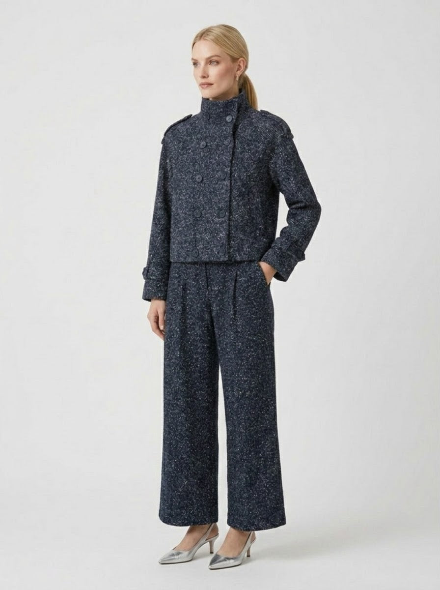 Marissa navy matching set showing the sequin-fleck bouclé texture