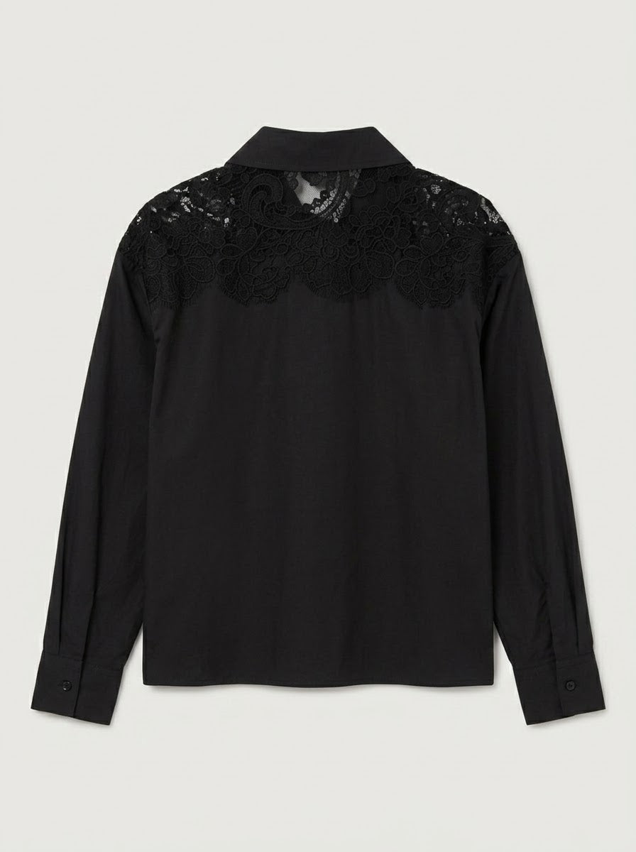 Faye black shirt showing sheer lace shoulder and scalloped hem details