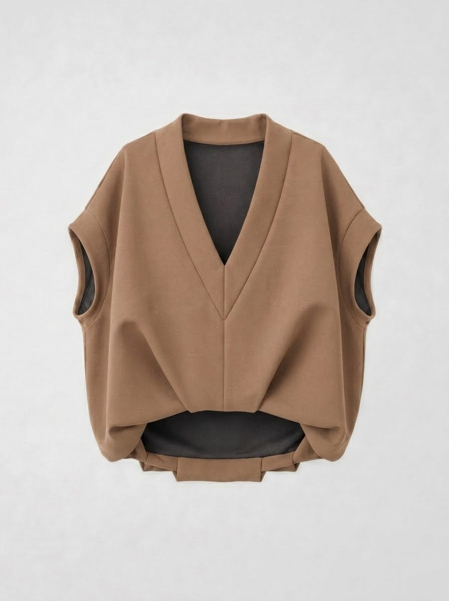 Camel Bronte V-neck scuba top, front product view